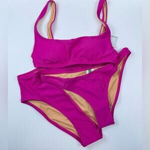 NWT J. Crew Bikini Bundle Radiant Fuscia Square Neck Top and 2 Bottoms Size XS